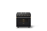 36"W. Dual Fuel Range (Burner: 6b, Finish: Onyx, Trim: Brushed Brass, Fuel: Natural Gas)