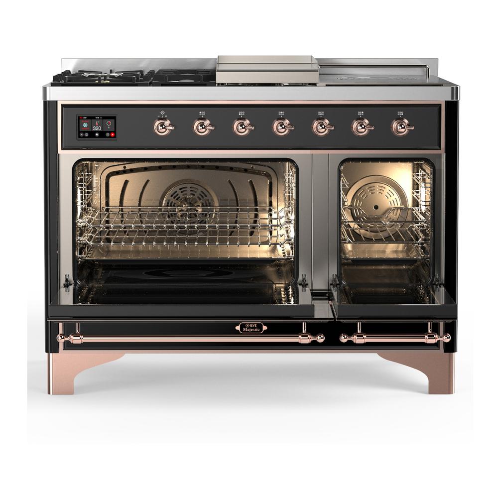 ILVE UM48FSNR3BKPLP Majestic III 48 inch Dual Fuel Range with 5 Black Brass Burners, Griddle and French Top, Dual Function Burner up to 25,000 BTU (Liquid Propane, Triple Glass Door, Glossy Black, Copper)
