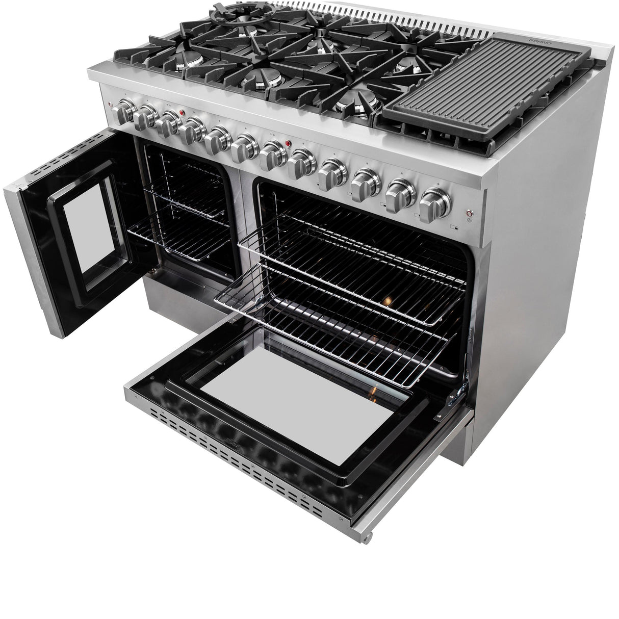 FORNO Galiano 48-Inch French Door Dual Fuel Range All Stainless Steel, 8 Sealed Burners, 107,000 BTU, Griddle, 6.58 cu.ft. Double Ovens