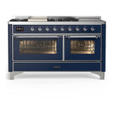 ILVE UM60FSNR3MBCLP Majestic III 60 inch Dual Fuel Range with 7 Burners, Griddle and French Top, Dual Function Burner with up to 25,000 BTU (Liquid Propane, Triple Glass Door, Midnight Blue, Chrome)
