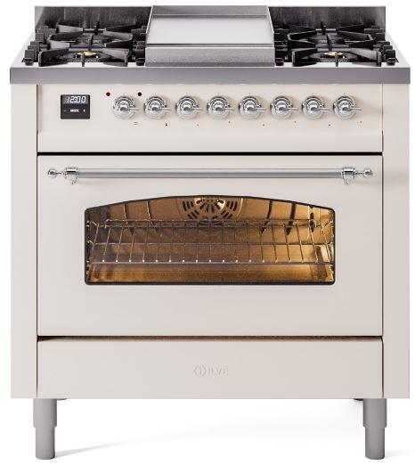 Nostalgie II 36 Inch Dual Fuel Natural Gas Freestanding Range in Antique White with Chrome Trim