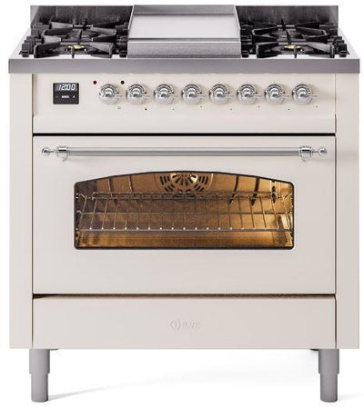Nostalgie II 36 Inch Dual Fuel Natural Gas Freestanding Range in Antique White with Chrome Trim