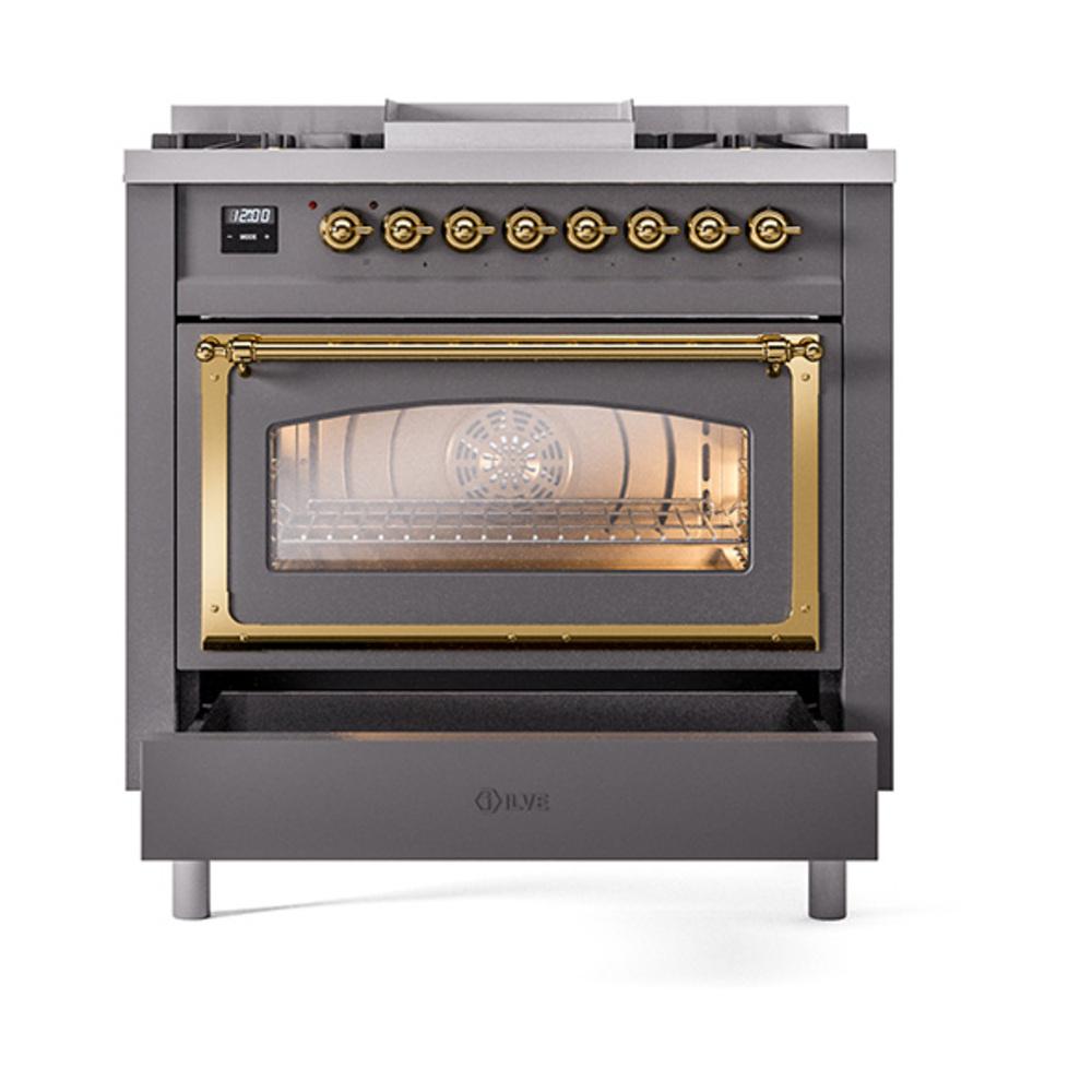 ILVE UN36FNMPMGG Nostalgie II Noblesse 36 inch Dual Fuel Range (Natural Gas, Triple Glass Door, Graphite Matte, Brass)