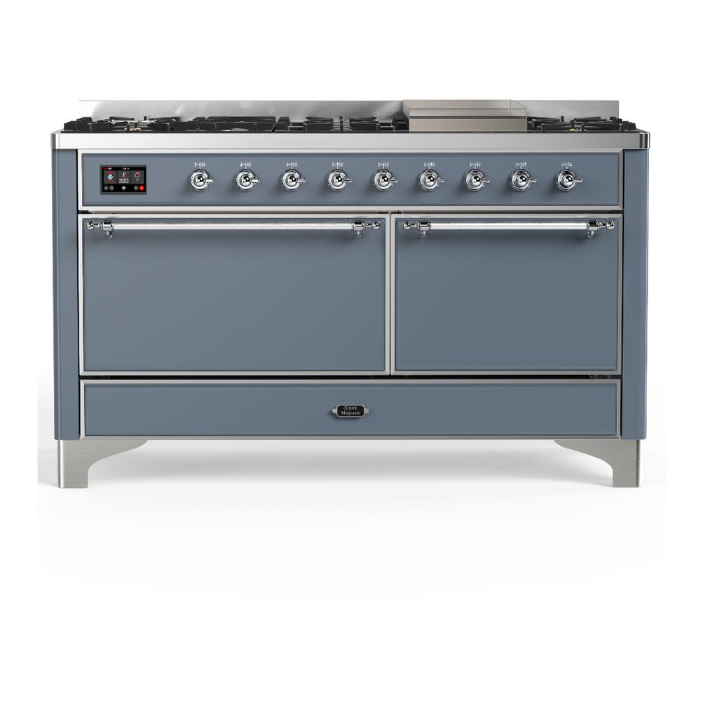 ILVE UM60FQNR3BGCLP Majestic III 60 inch Dual Fuel Range with 9 Burners and Griddle, Dual Function Burner up to 25,000 BTU (Liquid Propane, Solid Door, Blue Grey, Chrome)