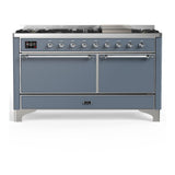 ILVE UM60FQNR3BGCLP Majestic III 60 inch Dual Fuel Range with 9 Burners and Griddle, Dual Function Burner up to 25,000 BTU (Liquid Propane, Solid Door, Blue Grey, Chrome)