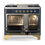 ILVE UMD40FQNR3MBGLP Majestic III 40 inch Dual Fuel Range with 6 Burners and Griddle, Dual Function Burner up to 25,000 BTU (Liquid Propane, Solid Door, Midnight Blue, Brass)