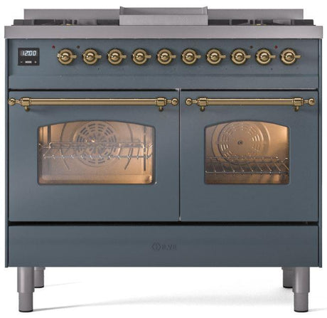 Nostalgie II 40 Inch Dual Fuel Liquid Propane Freestanding Range in Blue Grey with Brass Trim