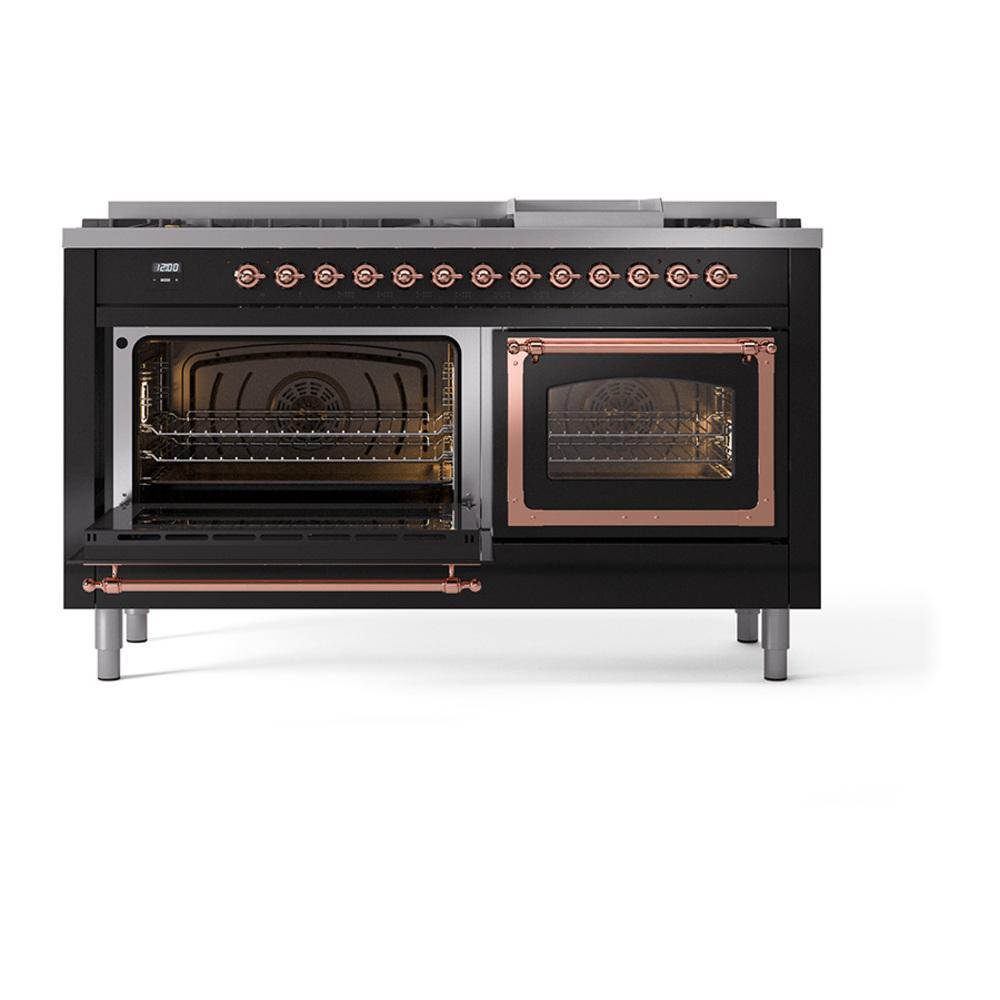 ILVE UN60FNMPBKPLP Nostalgie II Noblesse 60 inch Dual Fuel Range (9 Sealed Burners + Griddle, Liquid Propane, Triple Glass Door, Glossy Black, Copper)