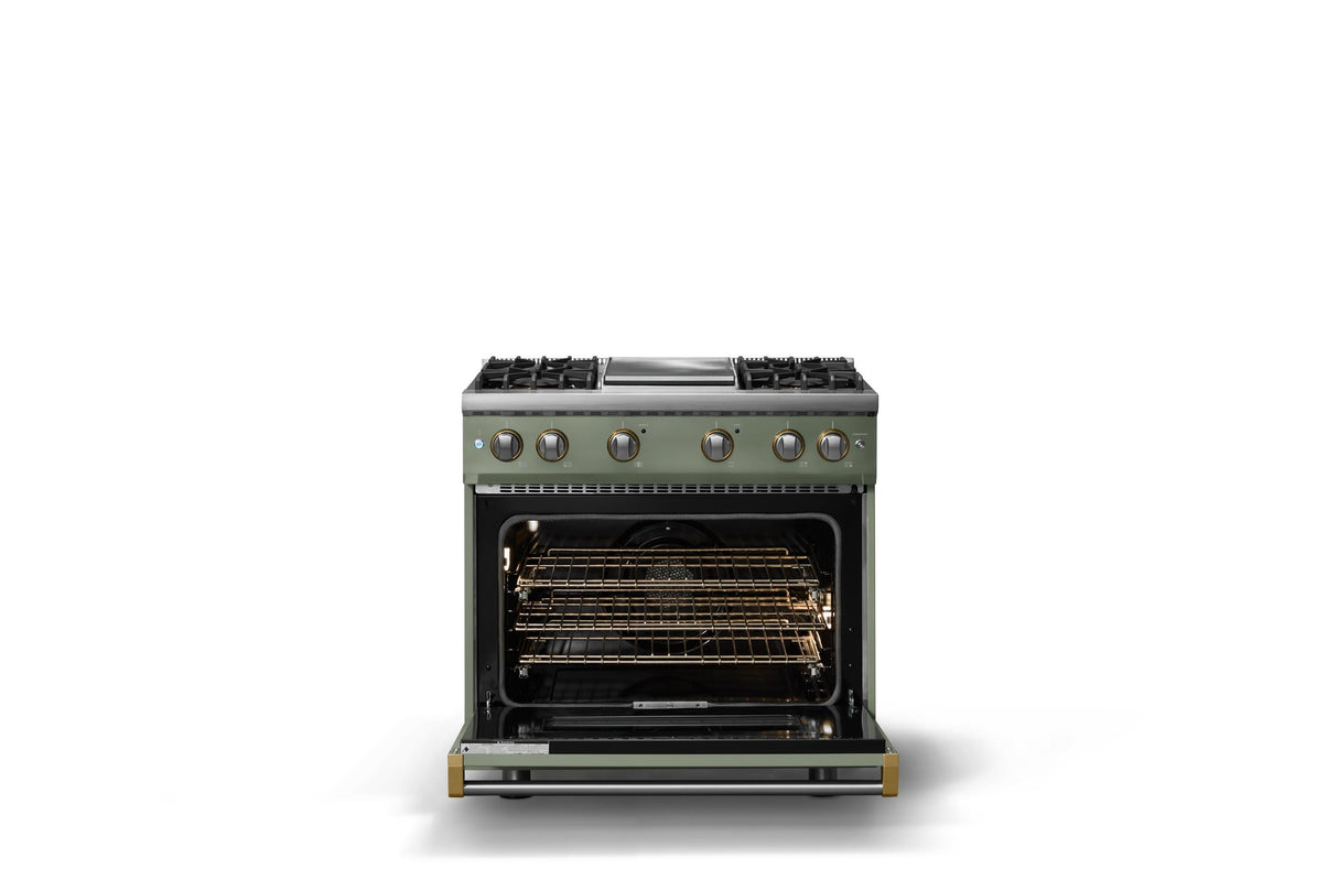 36"W. Sealed Burner Gas Range (Burner: 4g, Finish: Eucalyptus, Trim: Brushed Brass, Fuel: Natural Gas)