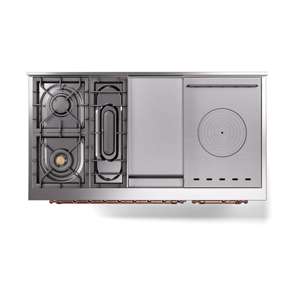ILVE UN48FSQNMPRAP Nostalgie II Noblesse 48 inch Dual Fuel Range (5 Sealed Burners + Griddle + French Top, Natural Gas, Solid Door, RAL, Copper)