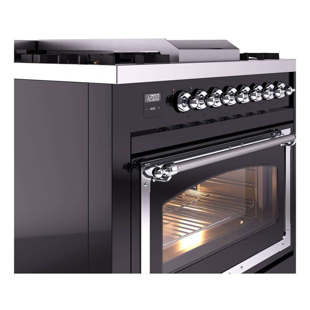 ILVE UN36FNMPBKCLP Nostalgie II Noblesse 36 inch Dual Fuel Range (Liquid Propane, Triple Glass Door, Glossy Black, Chrome)
