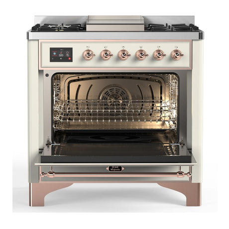 ILVE UM36FNR3AWP Majestic III 36 inch Dual Fuel Range with 6 Black Brass Burners and Griddle, Dual Function Burner up to 25,000 BTU (Triple Glass Door, Antique White, Copper, Natural Gas)