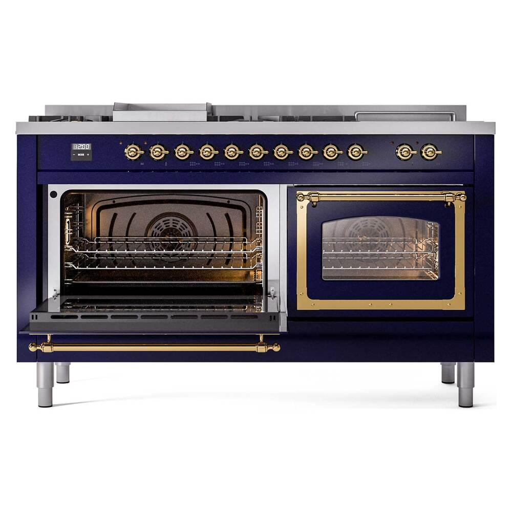 ILVE UN60FSNMPMBG Nostalgie II Noblesse 60 inch Dual Fuel Range (7 Sealed Burners + Griddle + French Top, Natural Gas, Triple Glass Door, Midnight Blue, Brass)