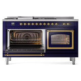 ILVE UN60FSNMPMBG Nostalgie II Noblesse 60 inch Dual Fuel Range (7 Sealed Burners + Griddle + French Top, Natural Gas, Triple Glass Door, Midnight Blue, Brass)