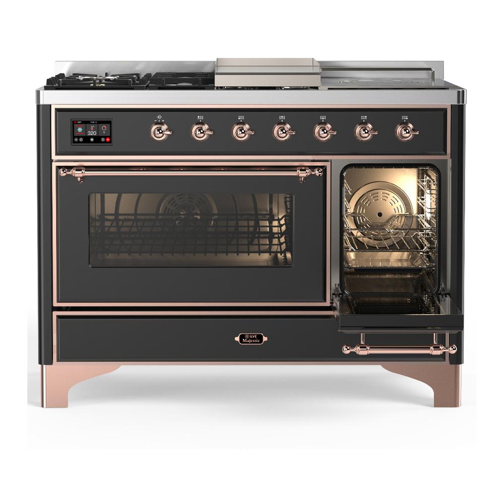 ILVE UM48FSNR3MGP Majestic III 48 inch Dual Fuel Range with 5 Black Brass Burners, Griddle and French Top, Dual Function Burner up to 25,000 BTU (Natural Gas, Triple Glass Door, Graphite Matte, Copper)