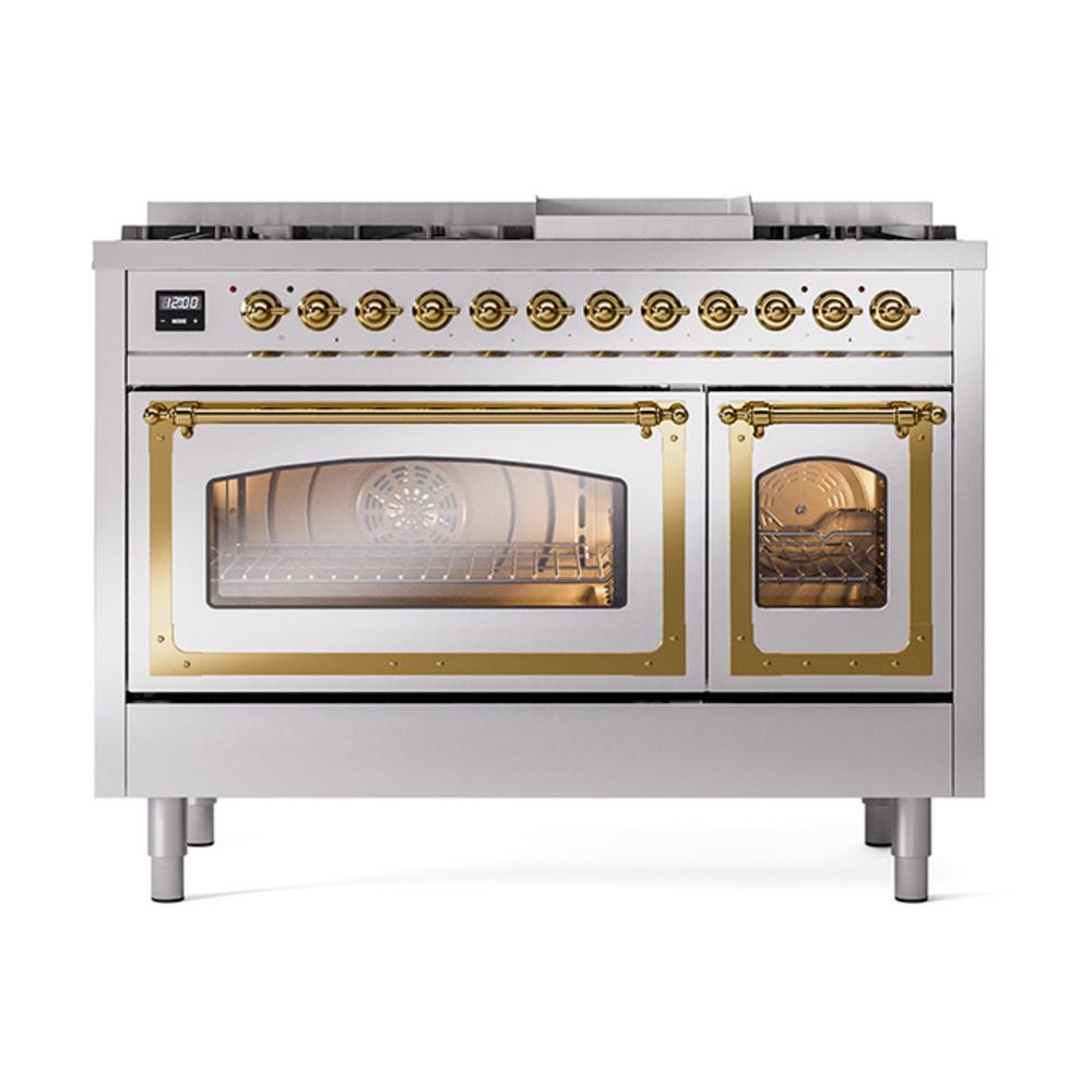 ILVE UN48FNMPSSG Nostalgie II Noblesse 48 inch Dual Fuel Range (8 Sealed Burners + Griddle, Natural Gas, Triple Glass Door, Stainless Steel, Brass)