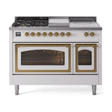 ILVE UN48FSNMPWHGLP Nostalgie II Noblesse 48 inch Dual Fuel Range (5 Sealed Burners + Griddle + French Top, Liquid Propane, Triple Glass Door, White, Brass)