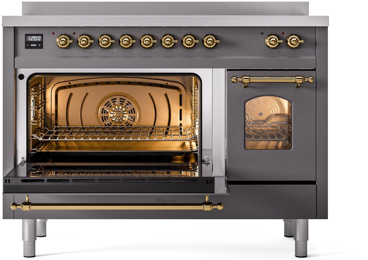 Nostalgie II 48 Inch Electric Freestanding Range in Matte Graphite with Brass Trim