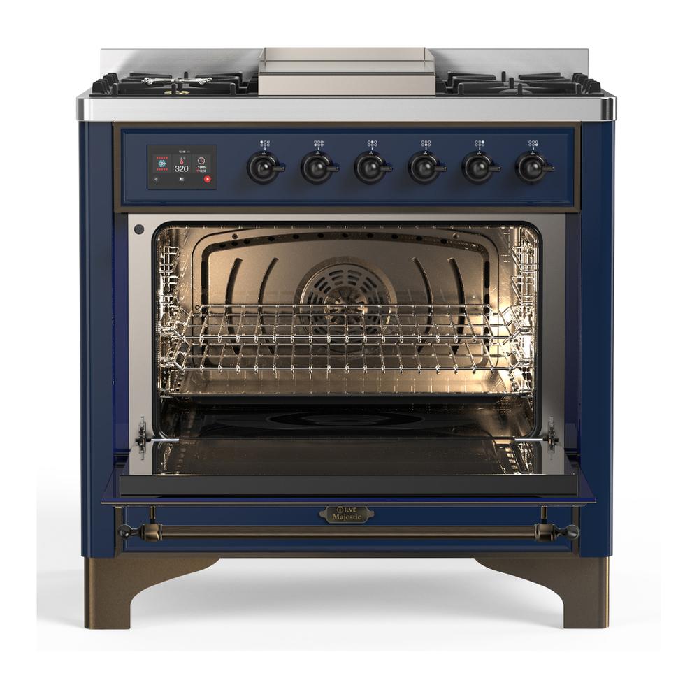ILVE UM36FNR3MBB Majestic III 36 inch Dual Fuel Range with 6 Black Brass Burners and Griddle, Dual Function Burner up to 25,000 BTU (Triple Glass Door, Midnight Blue, Burnished, Natural Gas)