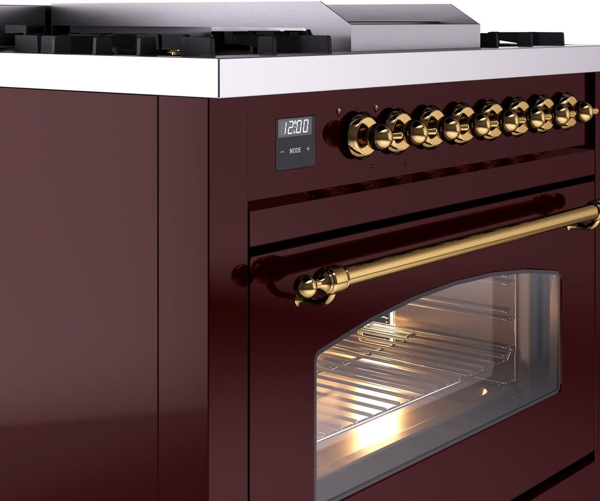 Nostalgie II 36 Inch Dual Fuel Liquid Propane Freestanding Range in Burgundy with Brass Trim