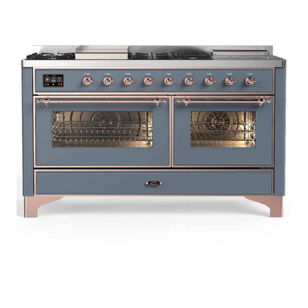 ILVE UM60FSNR3BGPLP Majestic III 60 inch Dual Fuel Range with 7 Burners, Griddle and French Top, Dual Function Burner with up to 25,000 BTU (Liquid Propane, Triple Glass Door, Blue Grey, Copper)