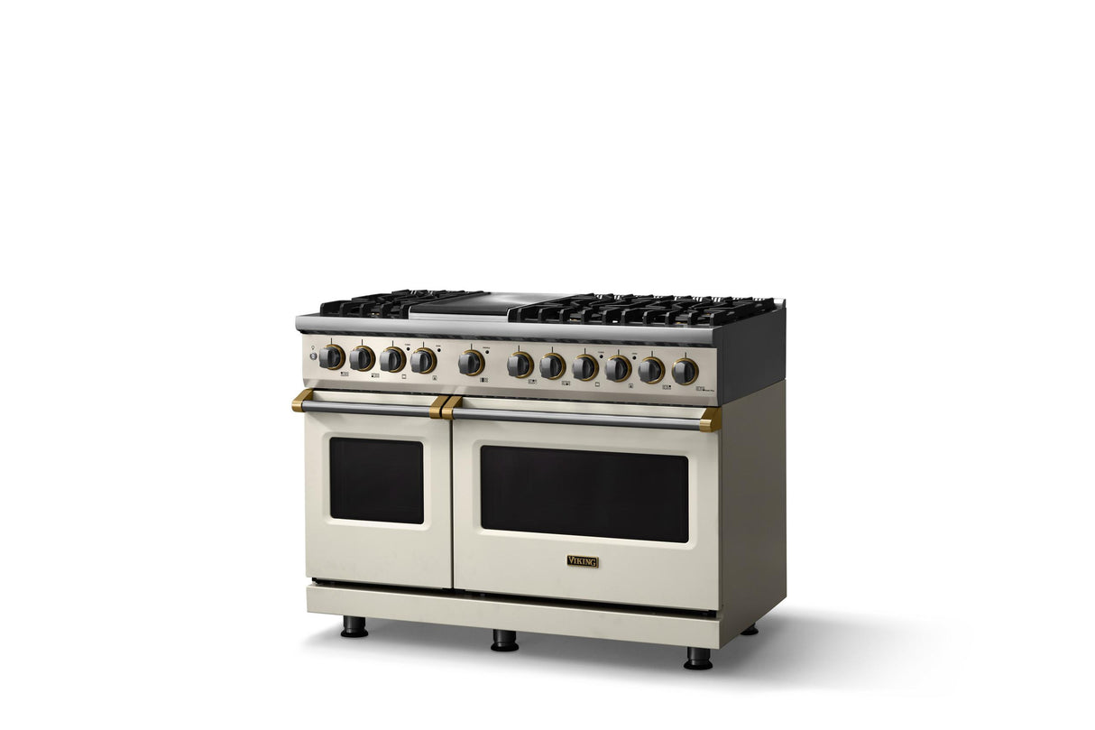 48"W. Dual Fuel Range (Burner: 6g, Finish: Pure White, Trim: Polished Chrome, Fuel: Propane)