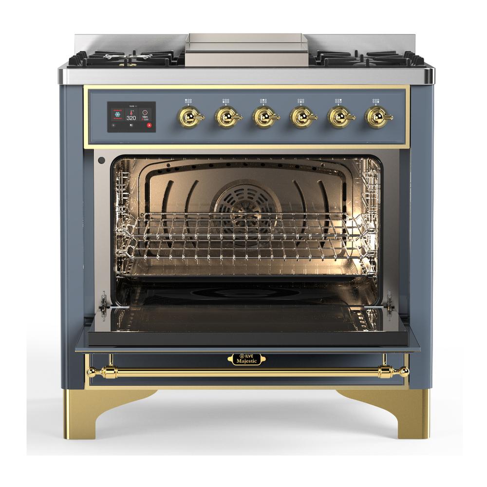 ILVE UM36FQNR3BGGLP Majestic III 36 inch Dual Fuel Range with 6 Black Brass Burners and Griddle, Dual Function Burner up to 25,000 BTU (Solid Door, Blue Grey, Brass, Liquid Propane)