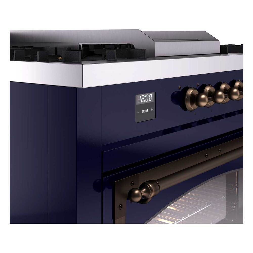 ILVE UN60FSNMPMBBLP Nostalgie II Noblesse 60 inch Dual Fuel Range (7 Sealed Burners + Griddle + French Top, Liquid Propane, Triple Glass Door, Midnight Blue, Burnished)