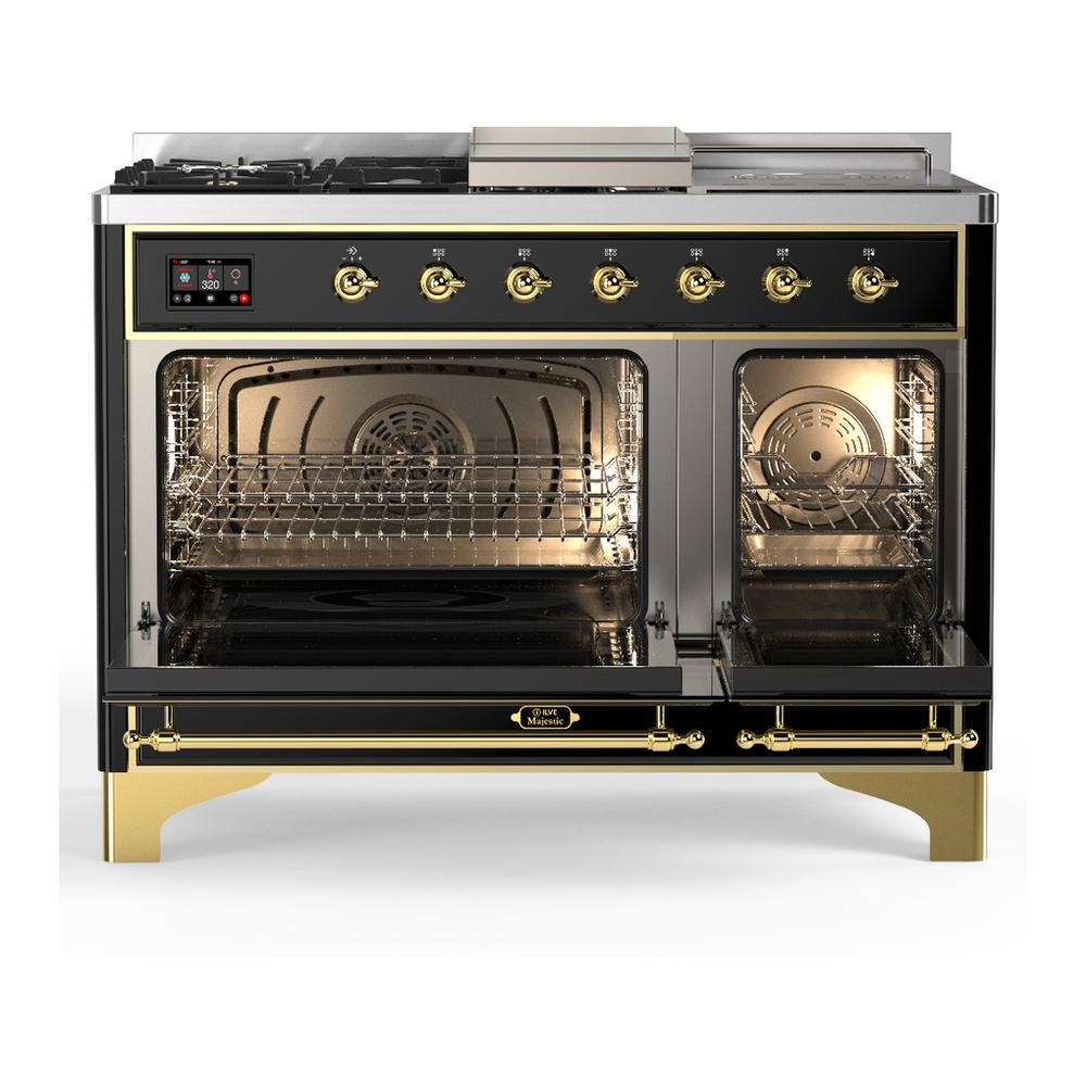 ILVE UM48FSNR3BKGLP Majestic III 48 inch Dual Fuel Range with 5 Black Brass Burners, Griddle and French Top, Dual Function Burner up to 25,000 BTU (Liquid Propane, Triple Glass Door, Glossy Black, Brass)
