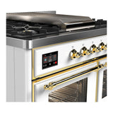 ILVE UMD40FNR3WHG Majestic III 40 inch Dual Fuel Range with 6 Burners and Griddle, Dual Function Burner up to 25,000 BTU (Natural Gas, Triple Glass Door, White, Brass)