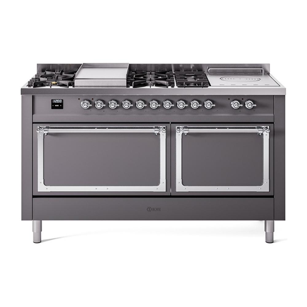 ILVE UN60FSQNMPMGCLP Nostalgie II Noblesse 60 inch Dual Fuel Range (7 Sealed Burners + Griddle + French Top, Liquid Propane, Solid Door, Graphite Matte, Chrome)