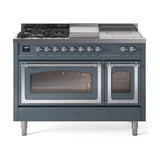 ILVE UN48FSNMPBGC Nostalgie II Noblesse 48 inch Dual Fuel Range (5 Sealed Burners + Griddle + French Top, Natural Gas, Triple Glass Door, Blue Grey, Chrome)