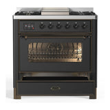 ILVE UM36FNR3MGB Majestic III 36 inch Dual Fuel Range with 6 Black Brass Burners and Griddle, Dual Function Burner up to 25,000 BTU (Triple Glass Door, Graphite Matte, Burnished, Natural Gas)