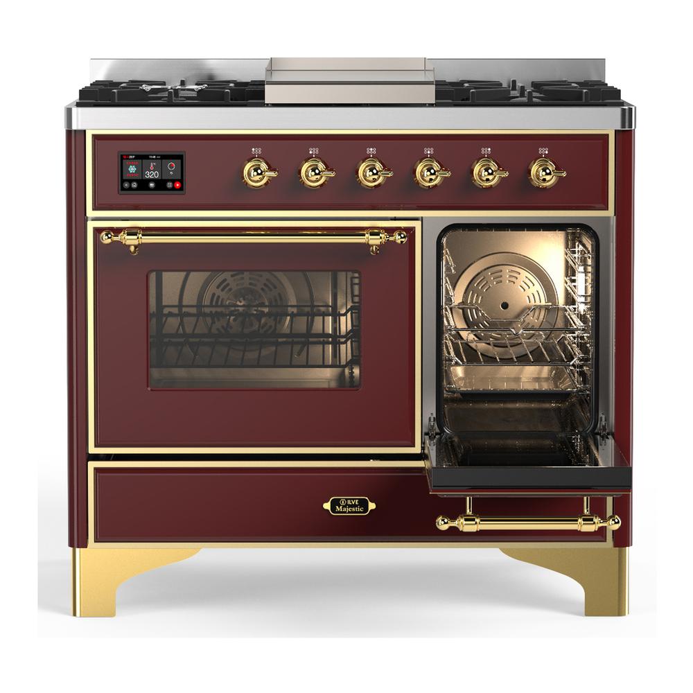 ILVE UMD40FNR3BUGLP Majestic III 40 inch Dual Fuel Range with 6 Burners and Griddle, Dual Function Burner up to 25,000 BTU (Liquid Propane, Triple Glass Door, Burgundy, Brass)