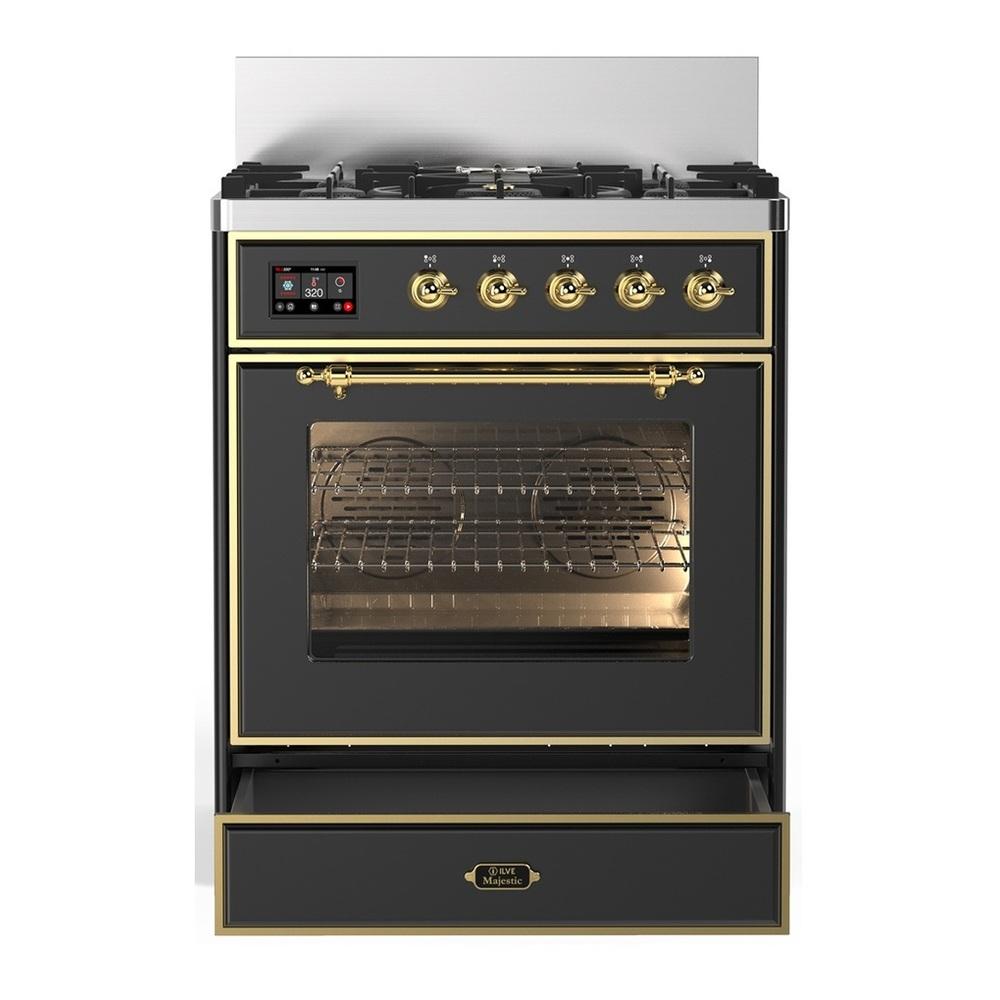 ILVE UM30NR3MGG Majestic III 30 inch Dual Fuel Range with 5 Black Brass Burners, Dual Function Burner up to 25,000 BTU (Natural Gas, Triple Glass Door, Graphite Matte, Brass)
