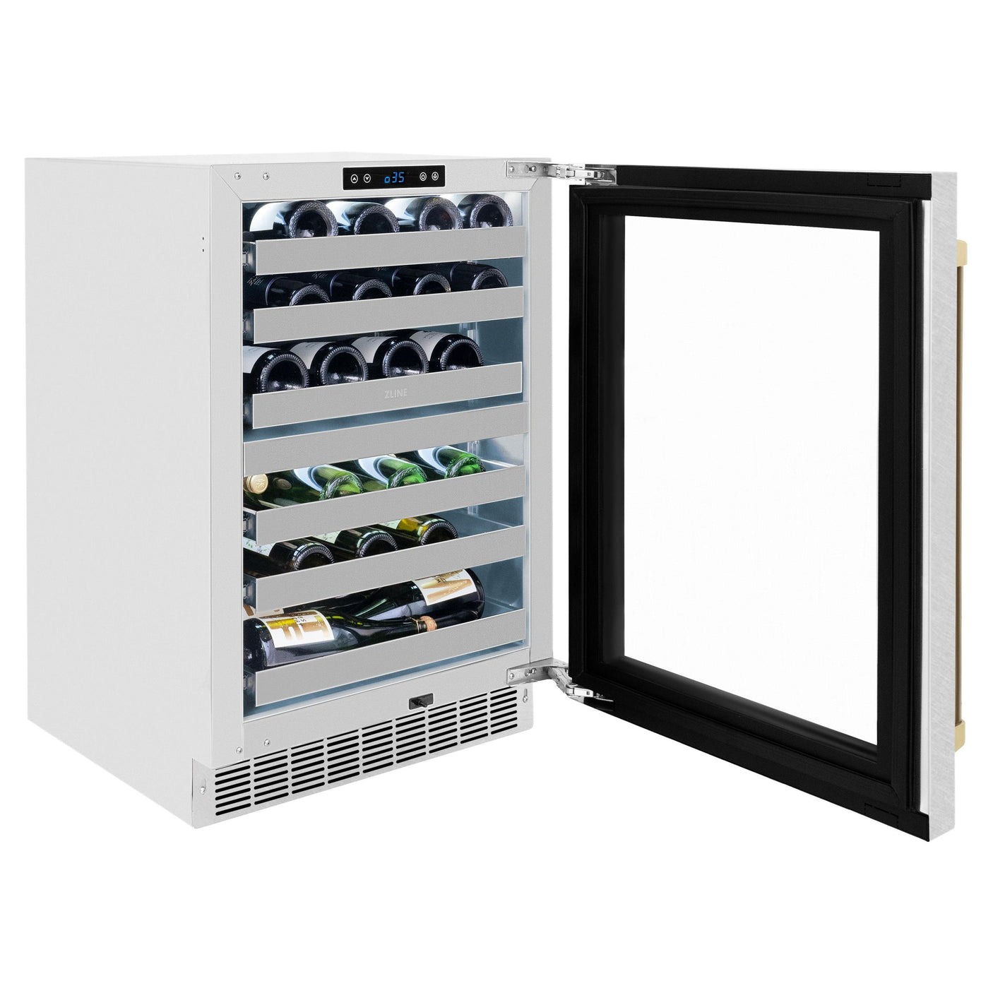 ZLINE Autograph Edition 24 in. Touchstone Dual Zone 44 Bottle Wine Cooler With DuraSnow' Stainless Steel Glass Door And Champagne Bronze Handle (RWDOZ-SN-24-CB)