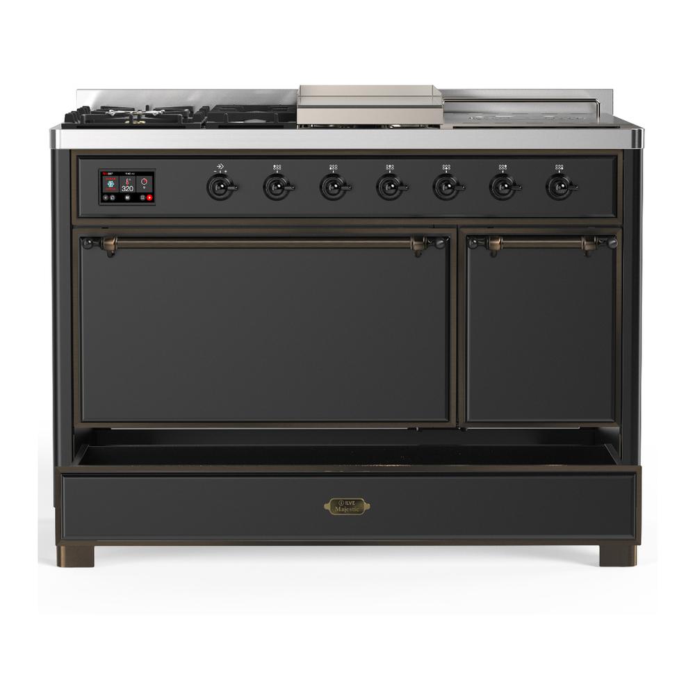 ILVE UM48FSQNR3MGB Majestic III 48 inch Dual Fuel Range with 5 Black Brass Burners, Griddle and French Top, Dual Function Burner up to 25,000 BTU (Natural Gas, Solid Door, Graphite Matte, Burnished)