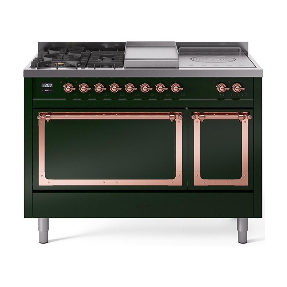 ILVE UN48FSQNMPEGP Nostalgie II Noblesse 48 inch Dual Fuel Range (5 Sealed Burners + Griddle + French Top, Natural Gas, Solid Door, Emerald Green, Copper)