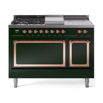 ILVE UN48FSQNMPEGP Nostalgie II Noblesse 48 inch Dual Fuel Range (5 Sealed Burners + Griddle + French Top, Natural Gas, Solid Door, Emerald Green, Copper)