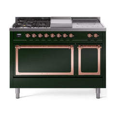 ILVE UN48FSQNMPEGP Nostalgie II Noblesse 48 inch Dual Fuel Range (5 Sealed Burners + Griddle + French Top, Natural Gas, Solid Door, Emerald Green, Copper)