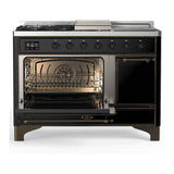 ILVE UM48FSQNR3BKB Majestic III 48 inch Dual Fuel Range with 5 Black Brass Burners, Griddle and French Top, Dual Function Burner up to 25,000 BTU (Natural Gas, Solid Door, Glossy Black, Burnished)