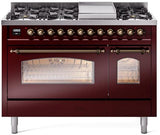 Nostalgie II 48 Inch Dual Fuel Natural Gas Freestanding Range in Burgundy with Bronze Trim