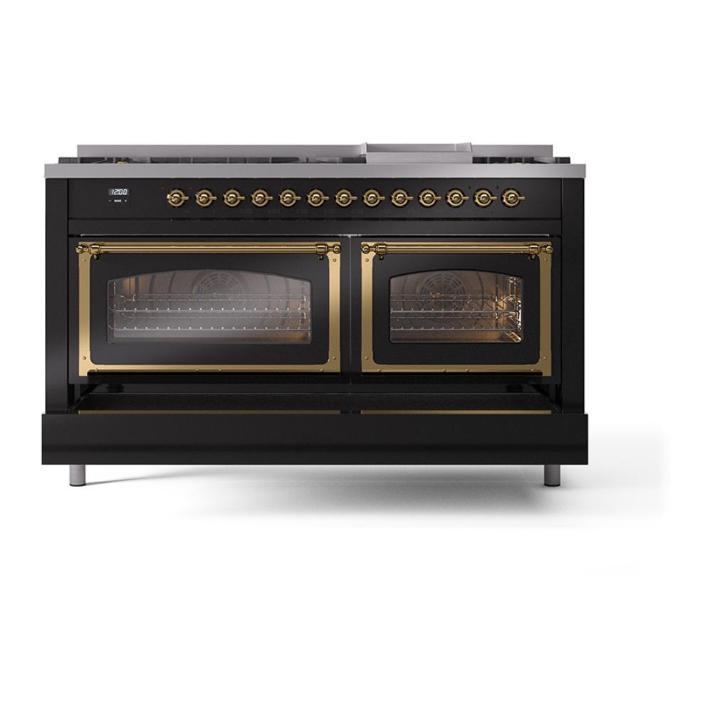 ILVE UN60FNMPBKGLP Nostalgie II Noblesse 60 inch Dual Fuel Range (9 Sealed Burners + Griddle, Liquid Propane, Triple Glass Door, Glossy Black, Brass)
