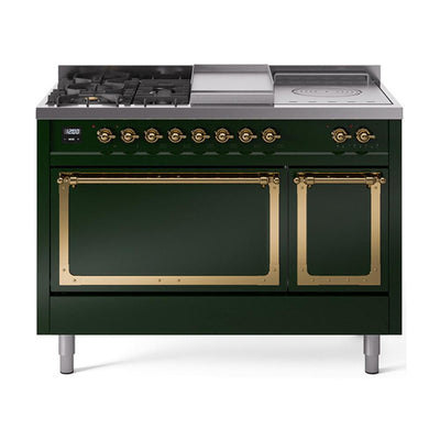 ILVE UN48FSQNMPEGGLP Nostalgie II Noblesse 48 inch Dual Fuel Range (5 Sealed Burners + Griddle + French Top, Liquid Propane, Solid Door, Emerald Green, Brass)