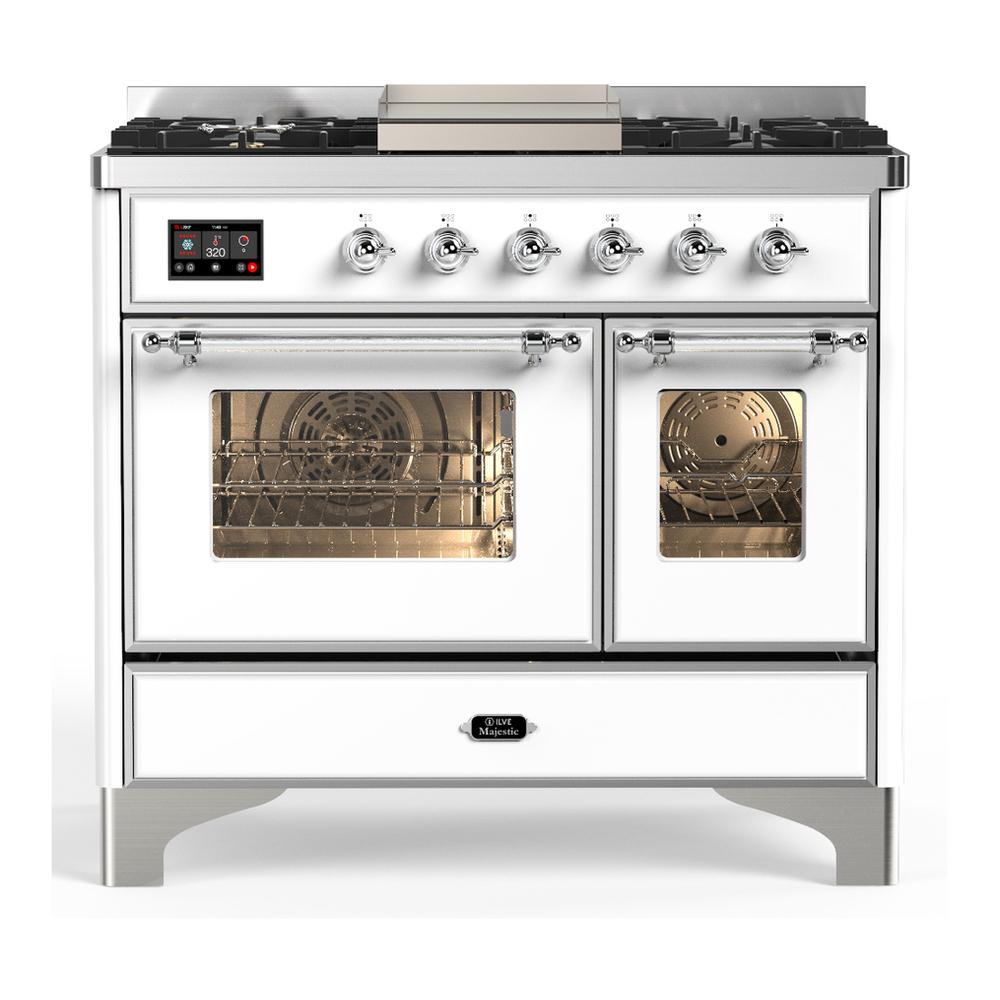 ILVE UMD40FNR3WHC Majestic III 40 inch Dual Fuel Range with 6 Burners and Griddle, Dual Function Burner up to 25,000 BTU (Natural Gas, Triple Glass Door, White, Chrome)