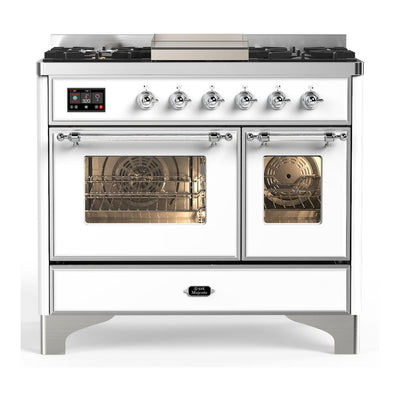 ILVE UMD40FNR3WHC Majestic III 40 inch Dual Fuel Range with 6 Burners and Griddle, Dual Function Burner up to 25,000 BTU (Natural Gas, Triple Glass Door, White, Chrome)