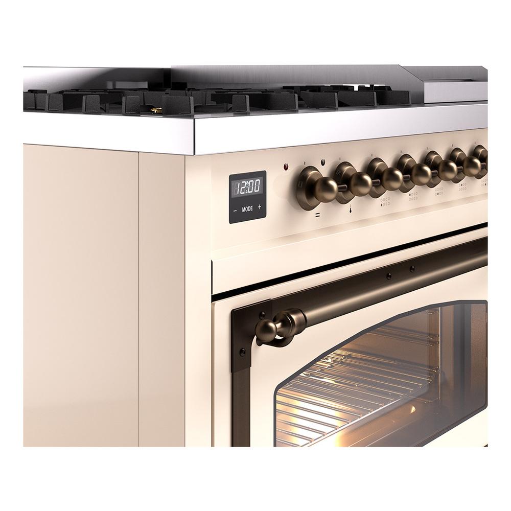 ILVE UN48FNMPAWBLP Nostalgie II Noblesse 48 inch Dual Fuel Range (8 Sealed Burners + Griddle, Liquid Propane, Triple Glass Door, Antique White, Burnished)