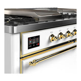 ILVE UM60FSQNR3WHGLP Majestic III 60 inch Dual Fuel Range with 7 Burners, Griddle and French Top, Dual Function Burner with up to 25,000 BTU (Liquid Propane, Solid Door, White, Brass)