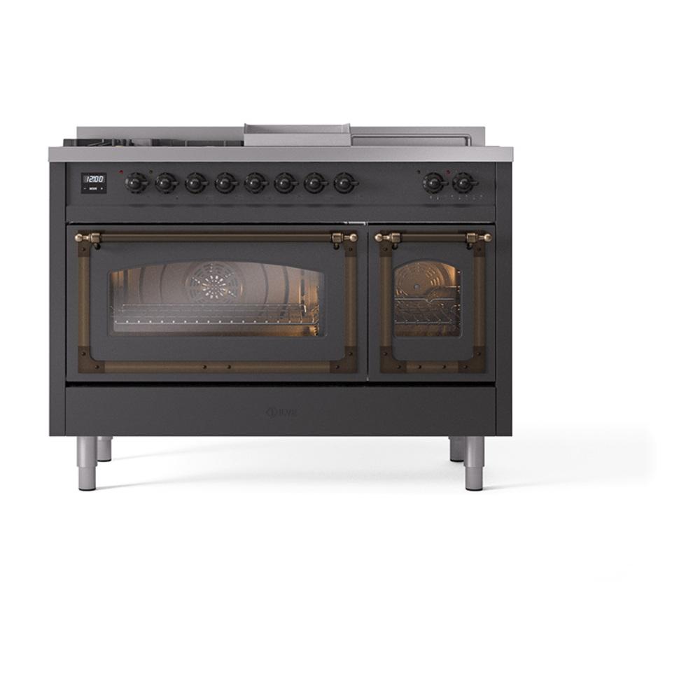 ILVE UN48FSNMPMGBLP Nostalgie II Noblesse 48 inch Dual Fuel Range (5 Sealed Burners + Griddle + French Top, Liquid Propane, Triple Glass Door, Graphite Matte, Burnished)