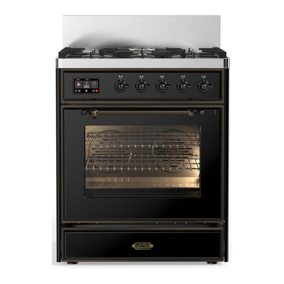 ILVE UM30NR3BKBLP Majestic III 30 inch Dual Fuel Range with 5 Black Brass Burners, Dual Function Burner up to 25,000 BTU (Liquid Propane, Triple Glass Door, Glossy Black, Burnished)